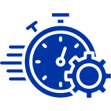 Blue stopwatch and gear icon on black.