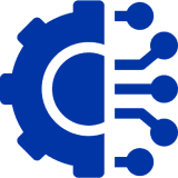 Blue gear and circuit board icon.