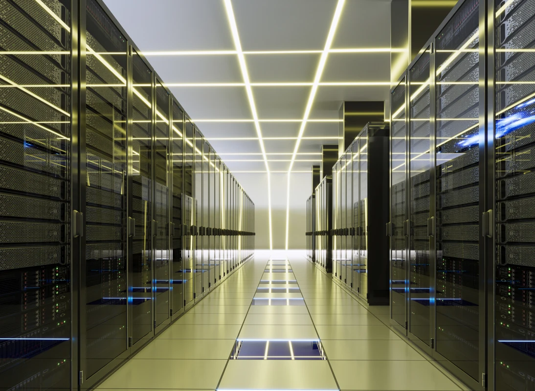 Modern data center with server racks.